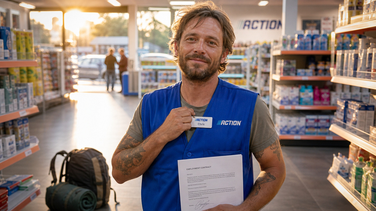 Funcionário sorridente de colete azul com nome e contrato de trabalho numa loja bem iluminada.
