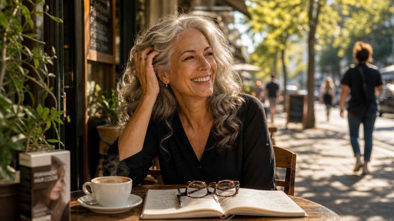 Mulher sorridente de cabelos grisalhos sentada numa esplanada com livro aberto e café numa manhã ensolarada.