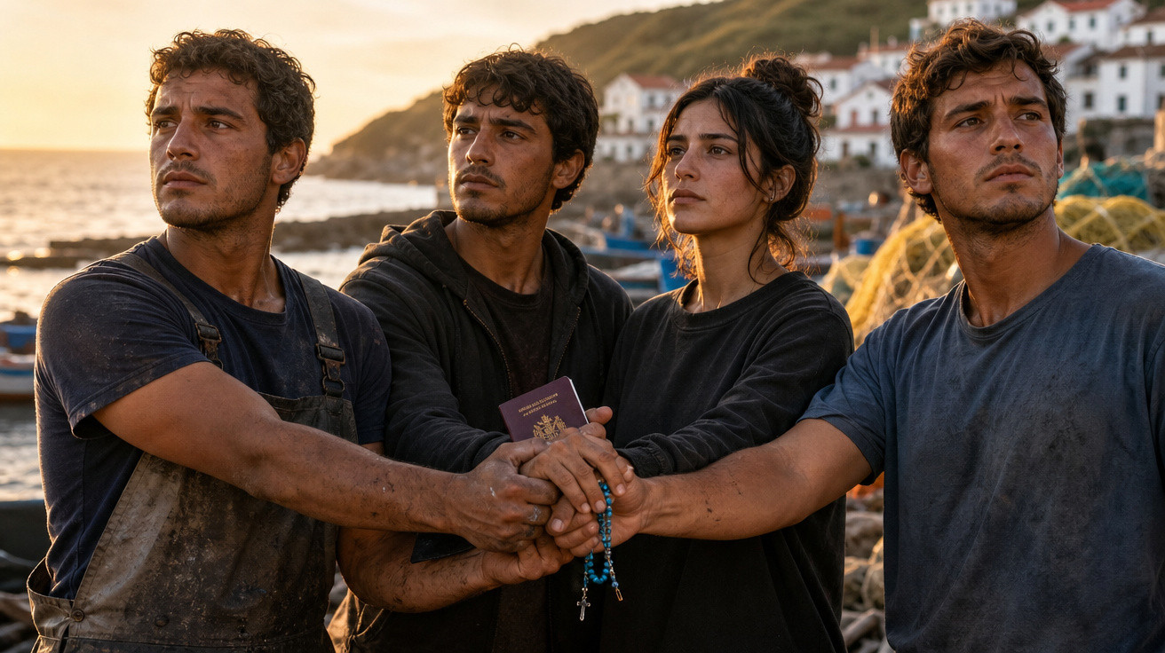 Quatro jovens juntos em frente ao mar, com expressão séria, segurando um passaporte e um terço azul.