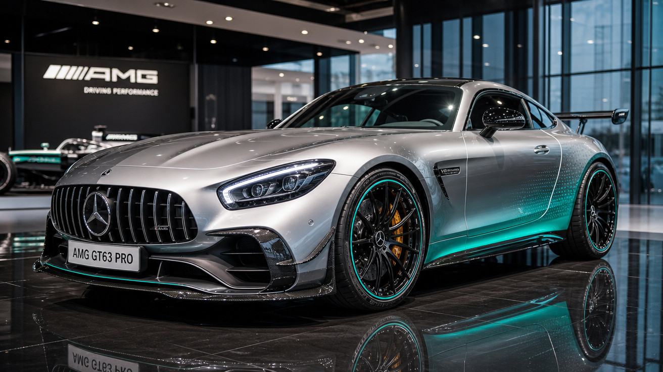 Carro desportivo prata Mercedes AMG GT63 PRO em exposição numa sala moderna com chão refletor.