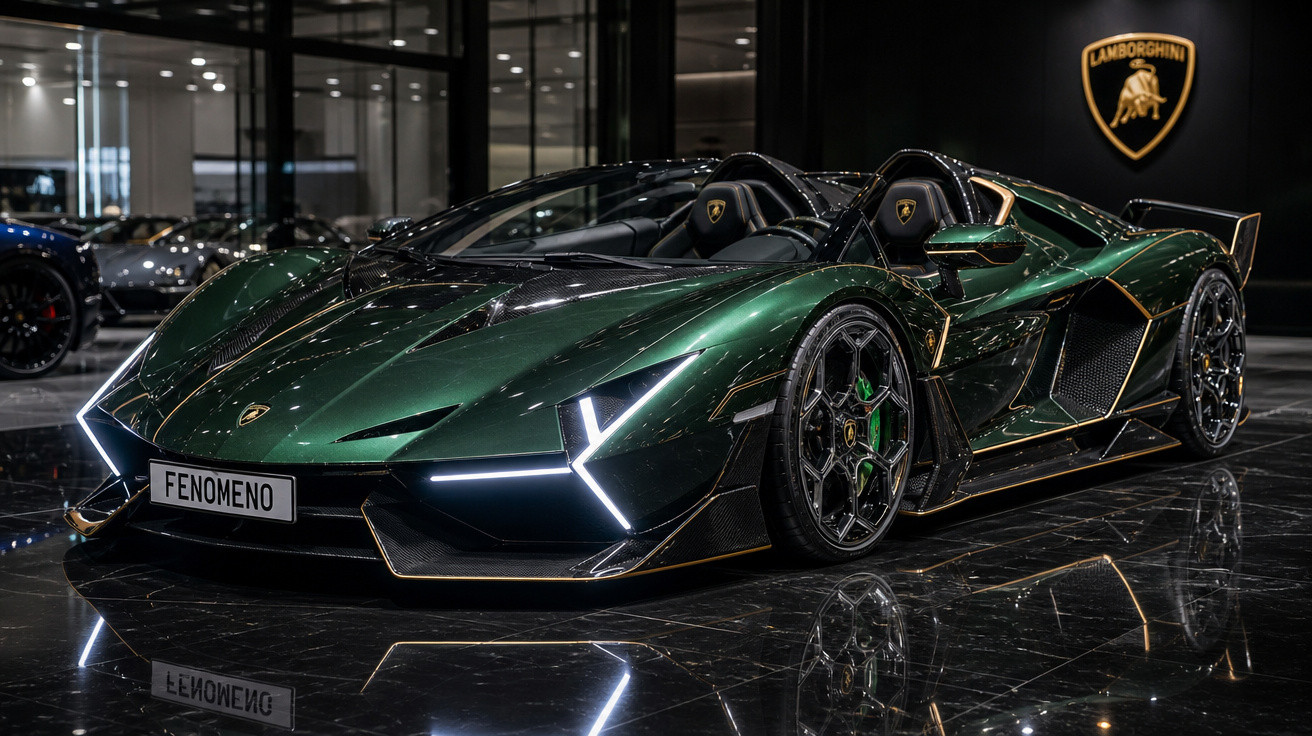 Carro desportivo verde Lamborghini Fenomeno conversível exibido num salão com chão espelhado.