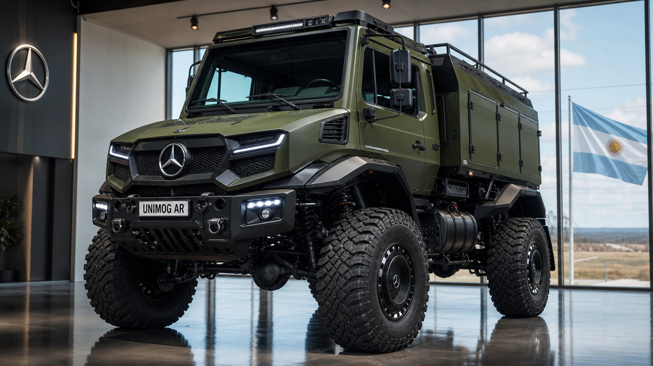 Camião Mercedes-Benz Unimog AR verde militar em exposição interior com bandeira da Argentina ao fundo.