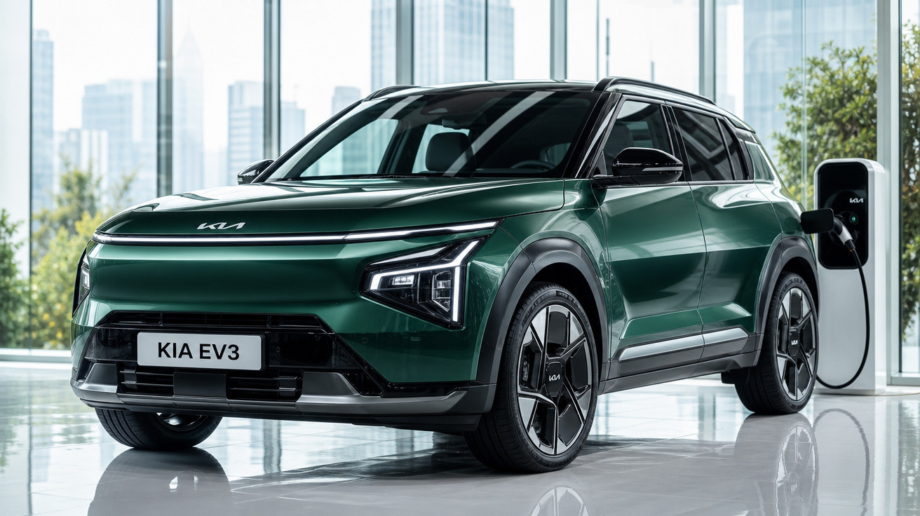 Carro elétrico Kia EV3 verde estacionado em interior com estação de carregamento ligada.