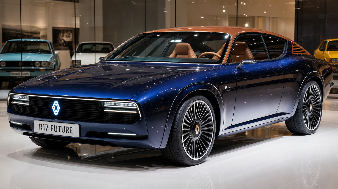 Automóvel Renault R17 Future azul com detalhes em castanho, exibido em museu automóvel moderno.