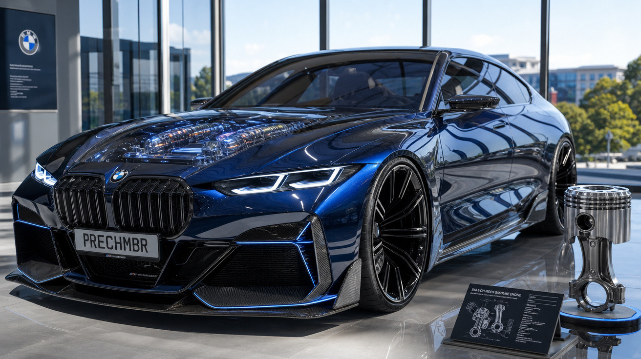Carro BMW desportivo azul escuro em exposição com motor transparente no capô e pistão ao lado.