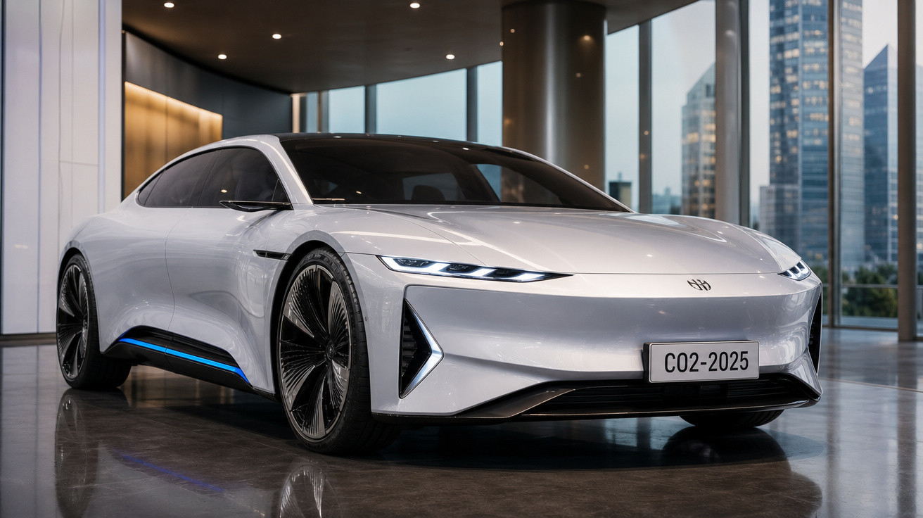 Carro elétrico branco de design futurista estacionado em interior moderno com janelas panorâmicas.