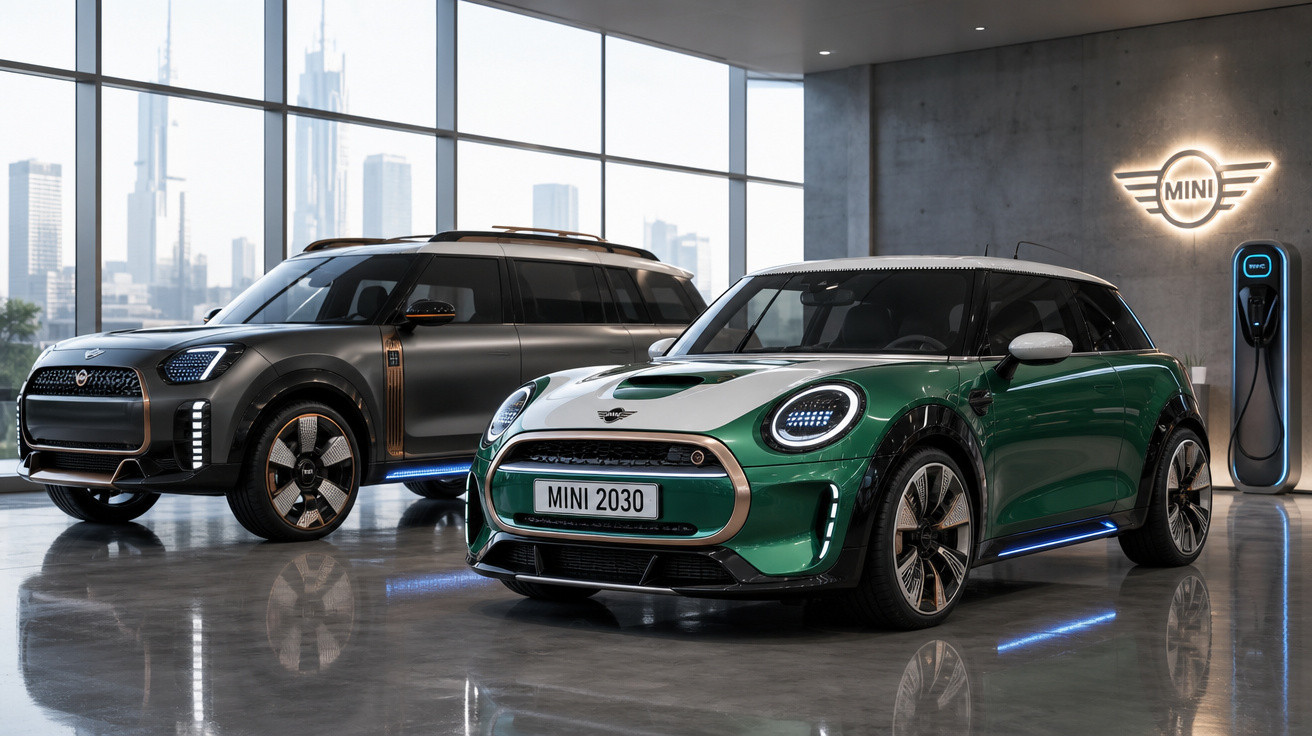 Dois automóveis elétricos Mini verdes e pretos em exposição numa sala moderna com paredes de cimento e janelas amplas.