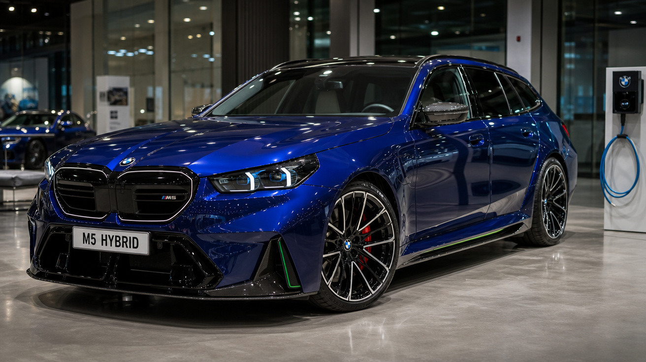 Carro híbrido BMW M5 azul escuro numa exposição interior com carregador elétrico ao lado.