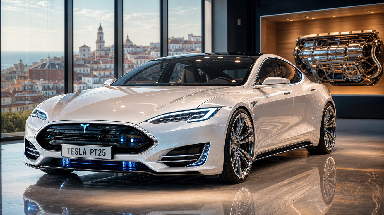 Carro elétrico Tesla branco estacionado dentro de um showroom moderno com vista para cidade histórica.