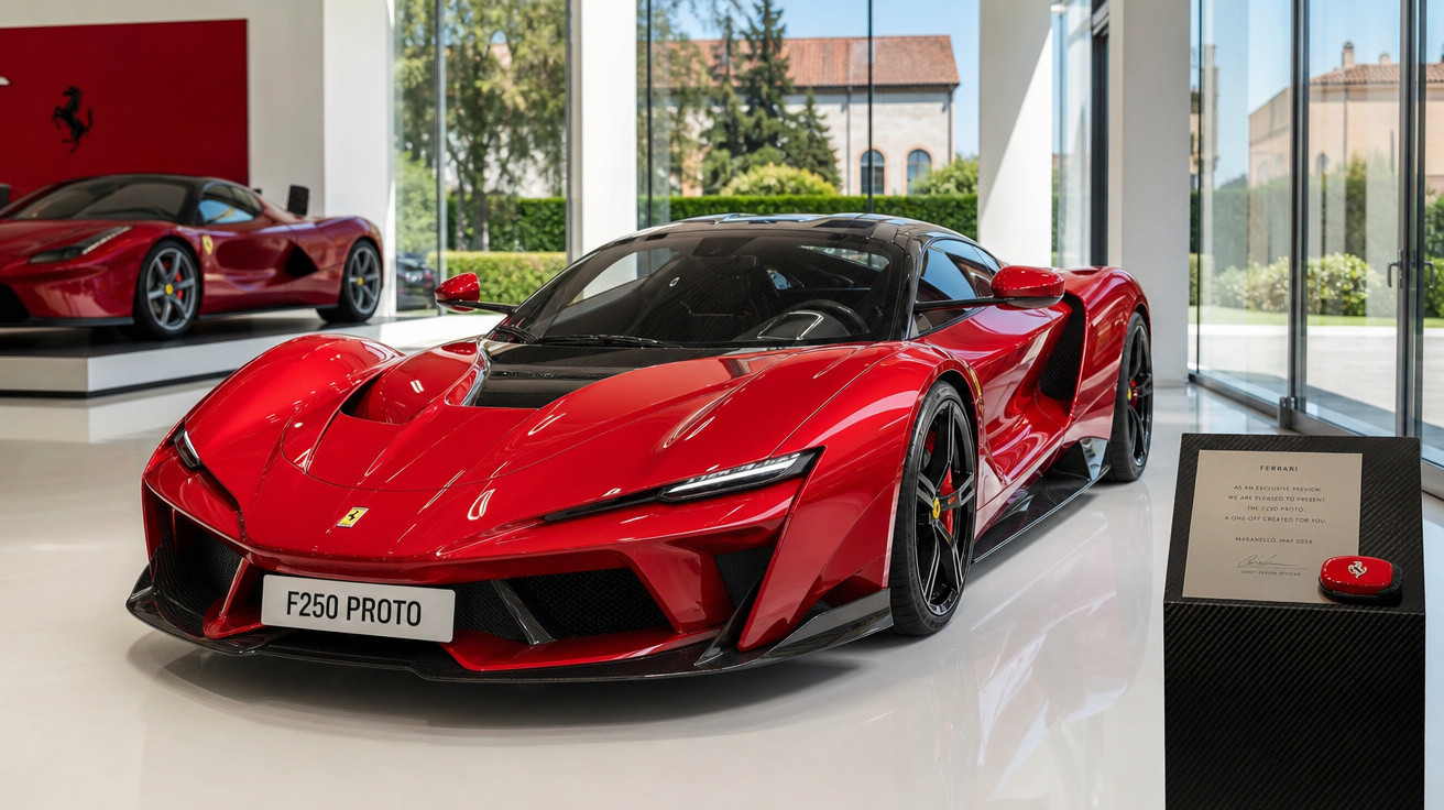Ferrari F250 Proto vermelho exposto em espaço moderno com grandes janelas e outro carro ao fundo.