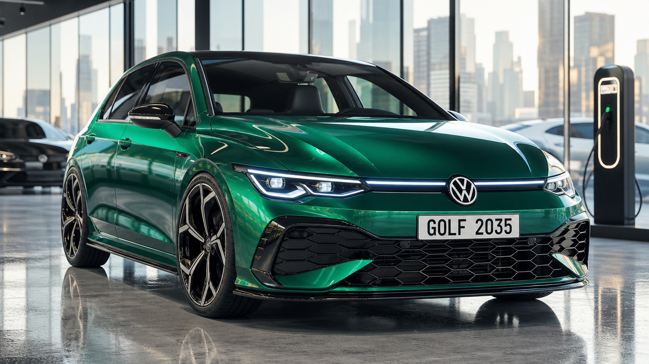 Volkswagen Golf 2023 verde metálico estacionado em showroom moderno com janelas grandes.