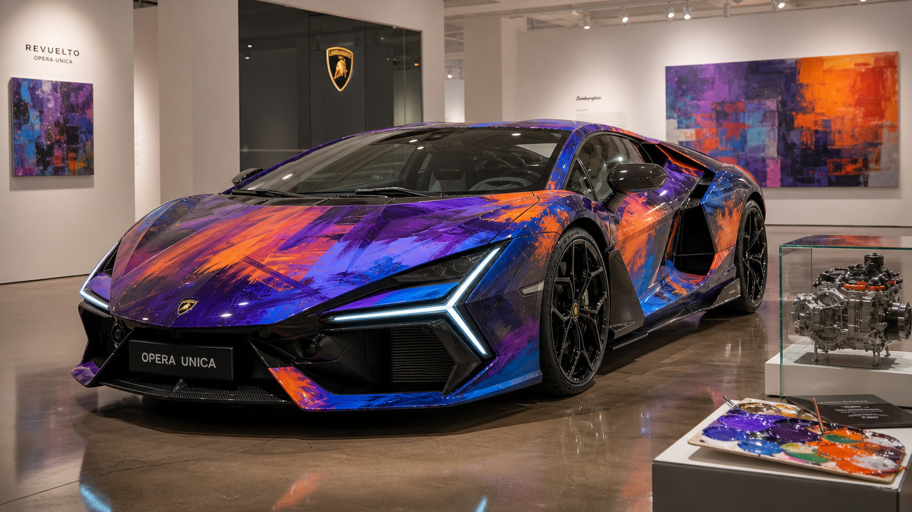 Carro Lamborghini com pintura artística em tons de azul, roxo e laranja numa galeria de arte.