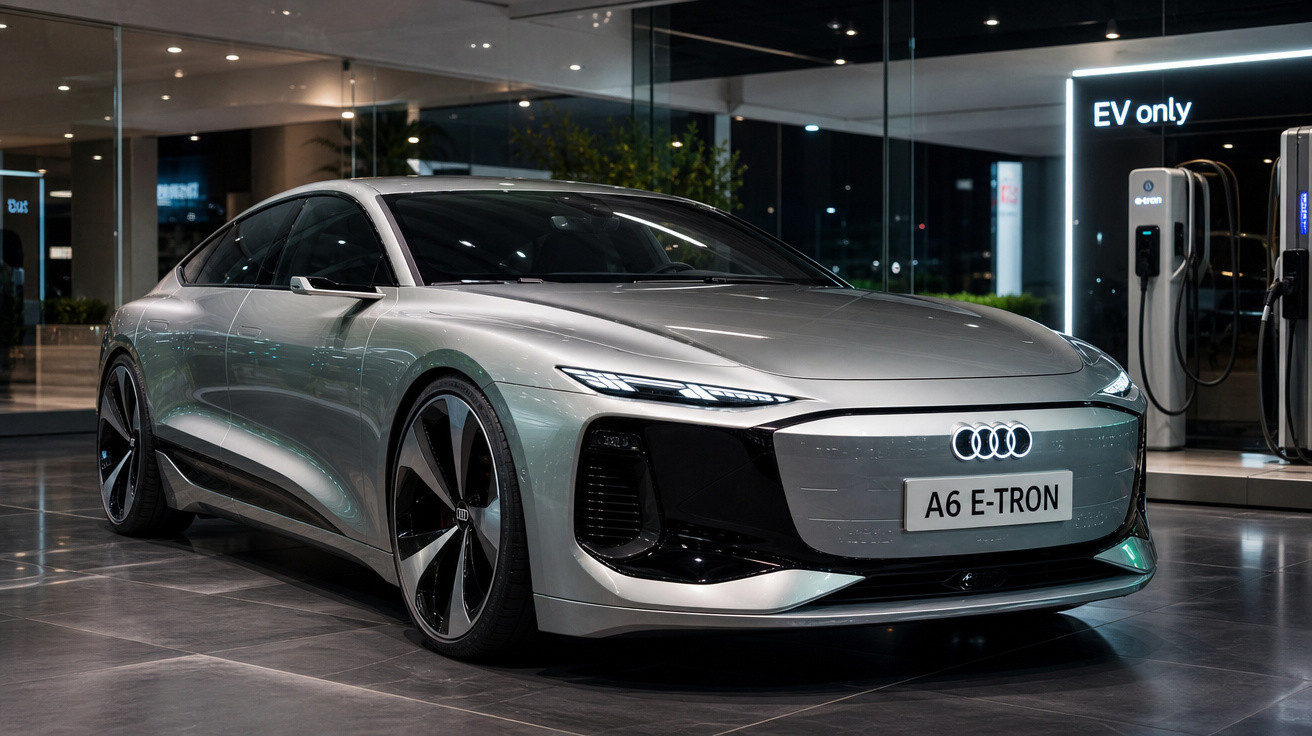 Carro elétrico Audi A6 E-TRON prateado estacionado numa estação de carregamento EV à noite.