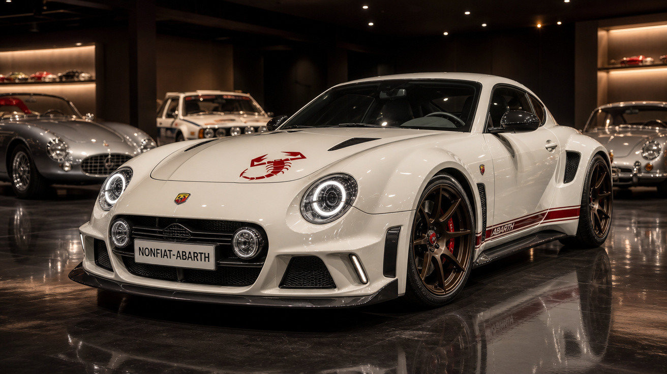 Carro desportivo branco Abarth com símbolo de escorpião vermelho, luzes LED e rodas bronze em museu automóvel.