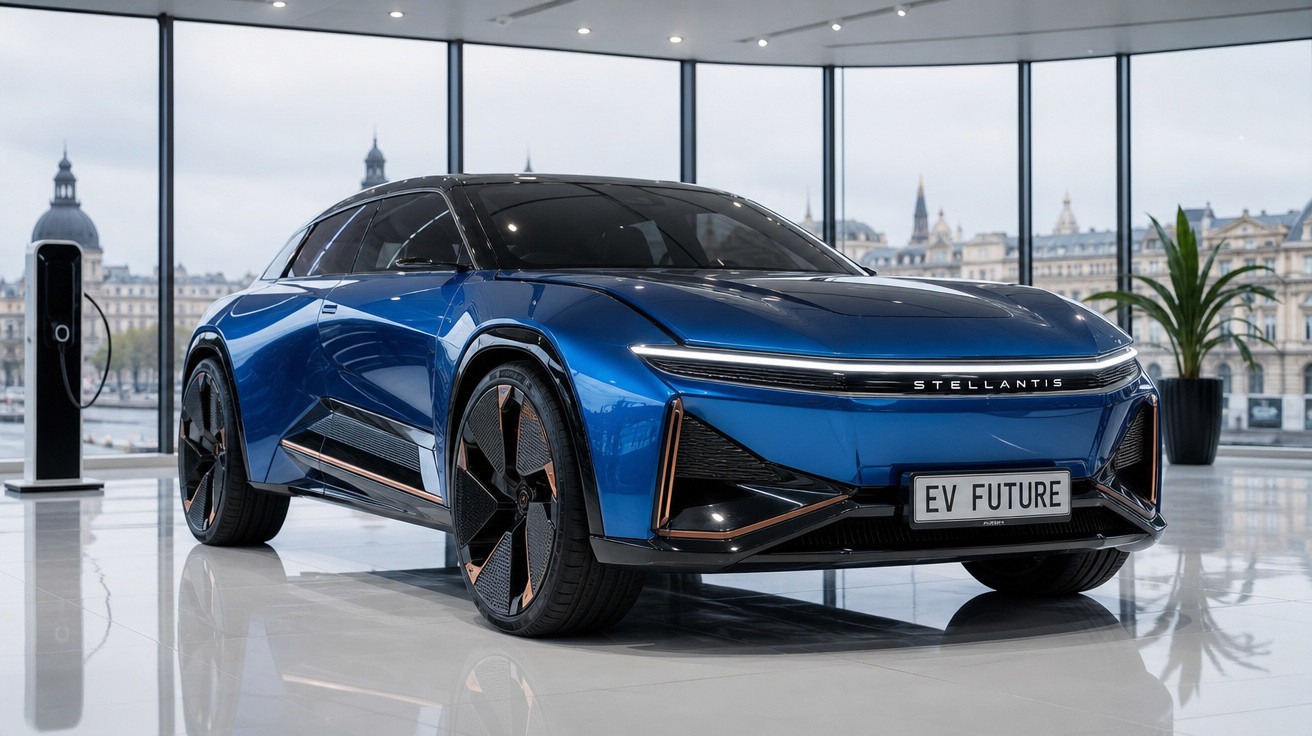 Carro elétrico azul de design moderno numa sala com janelas amplas e posto de carregamento.
