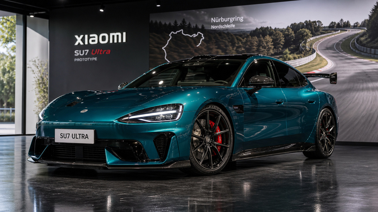 Carro elétrico desportivo Xiaomi SU7 Ultra de cor azul exibido em museu com fundo de circuito Nürburgring.