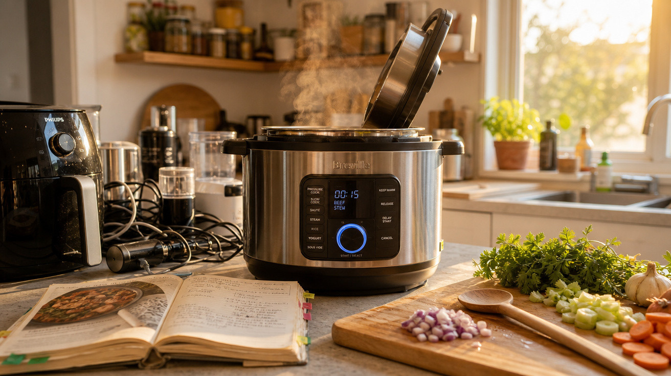 Panela elétrica a vapor em balcão de cozinha com legumes picados, livro de receitas aberto e luz natural.