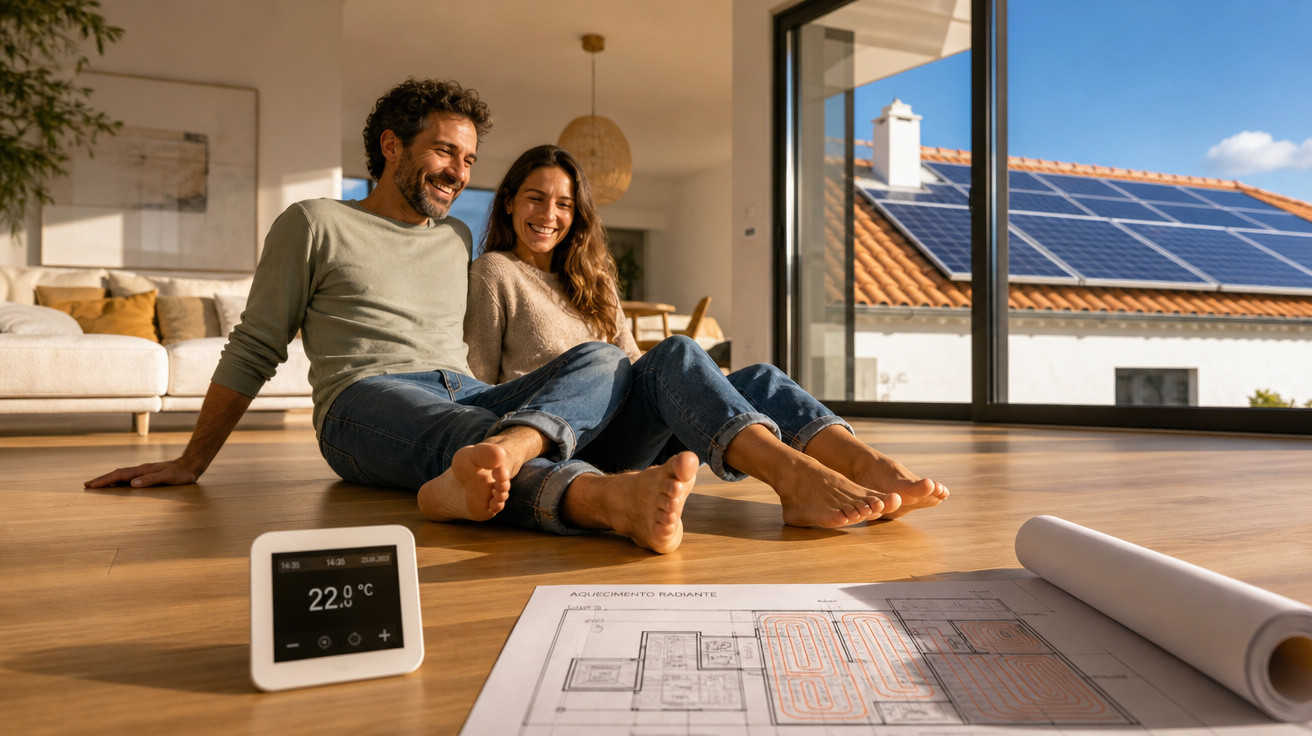 Casal sentado no chão de casa com plantas de aquecimento radiante e termostato a 22°C, ao lado de janela solar.