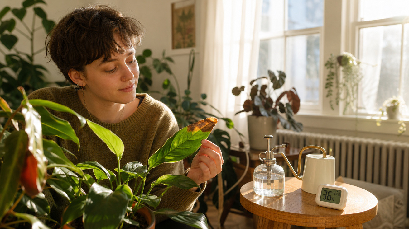 Pessoa a cuidar de plantas interiores junto a uma mesa com regador, pulverizador e termómetro digital.