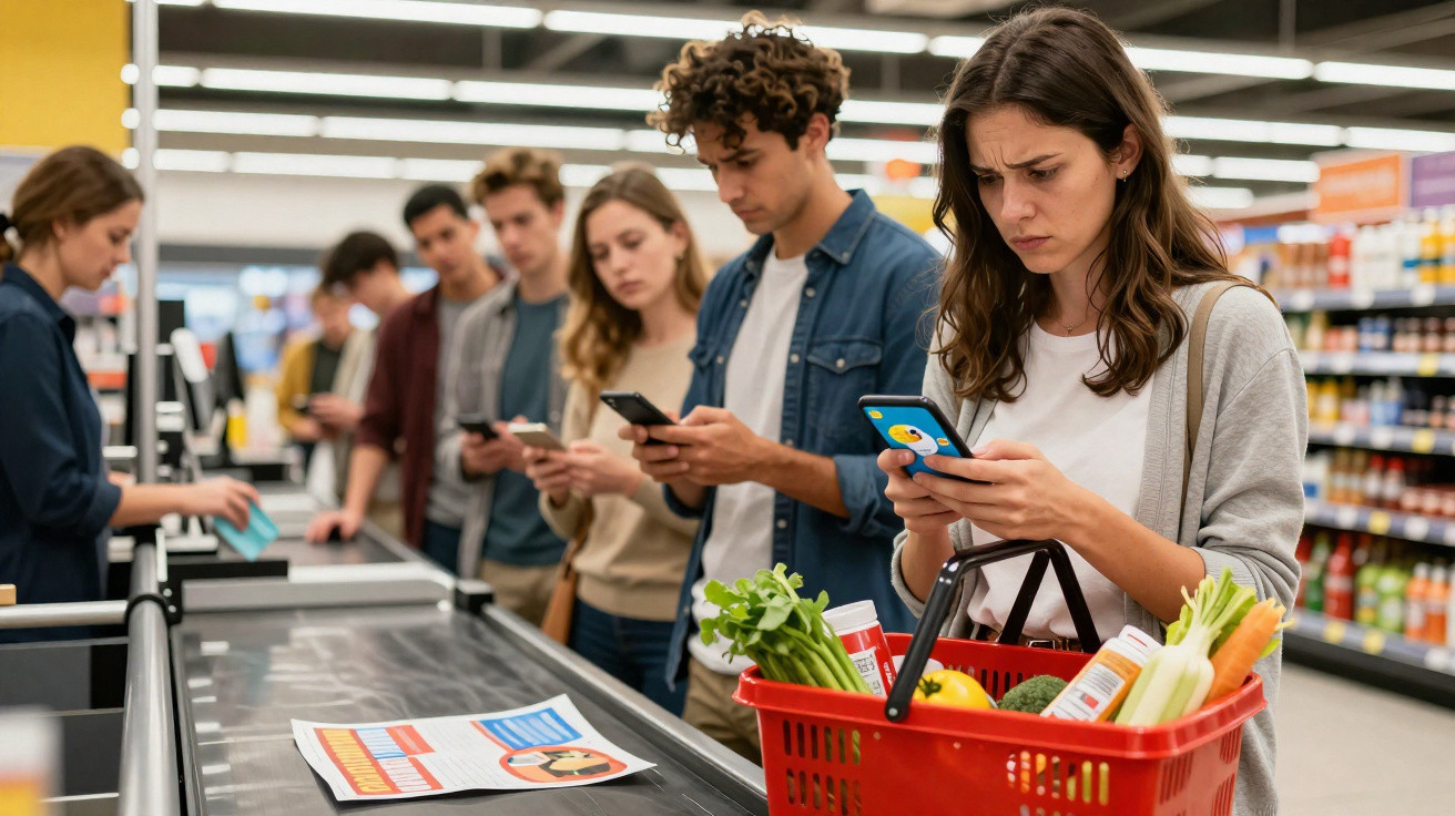 Pessoas numa fila de supermercado, todas a olhar para os seus telemóveis, com carrinhos e cestos de compras.