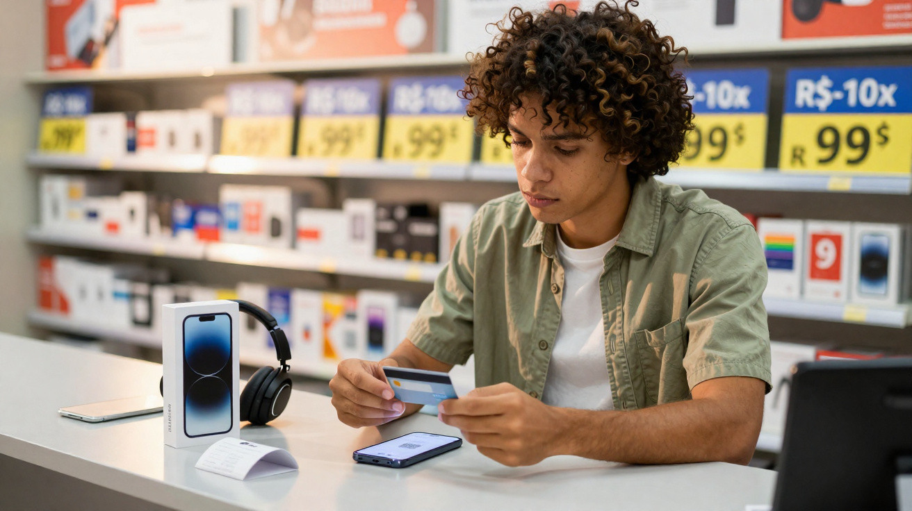 Jovem sentado na loja de tecnologia, segurando cartão de crédito para pagar smartphone novo.