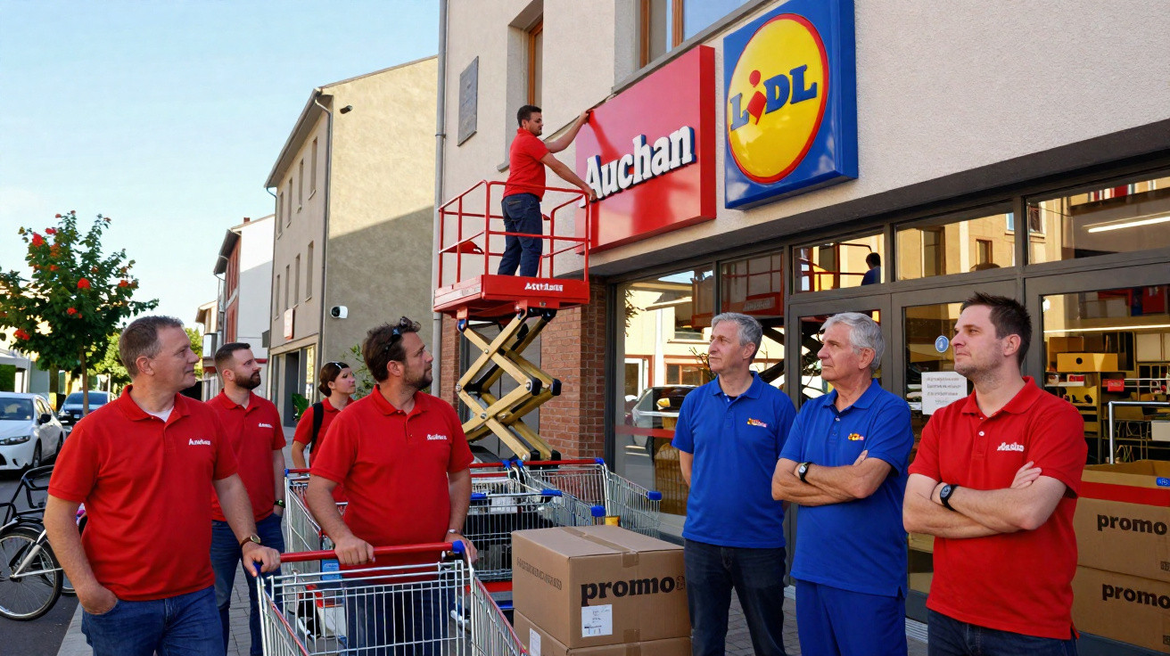 Funcionários a trocar a placa de uma loja de Auchan para Lidl numa rua com carrinhos e caixas.