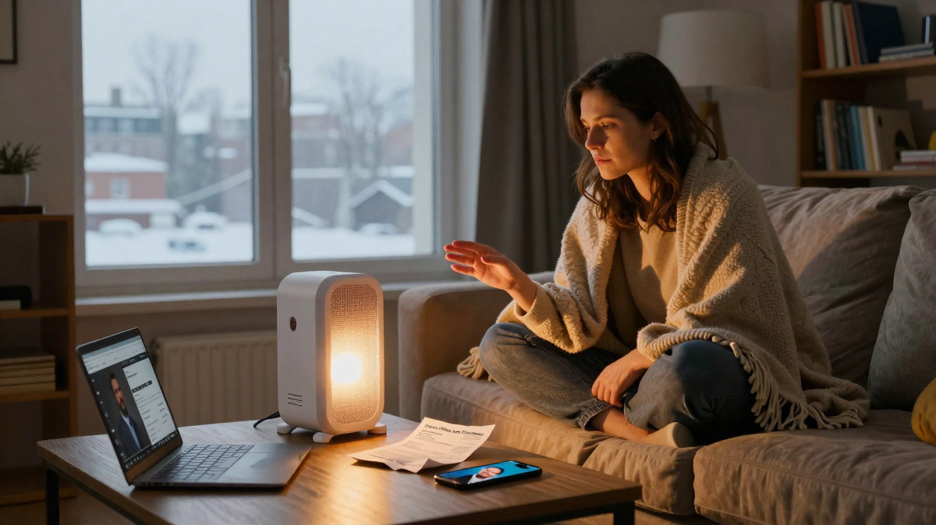 Mulher sentada no sofá com manta, aquece a mão junto a um aquecedor, com laptop e telemóvel numa mesa à frente.