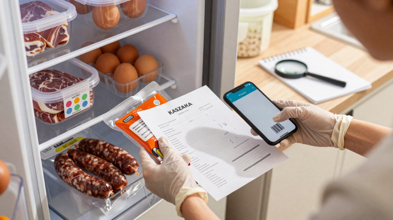 Pessoa com luvas a verificar código de barras de alimentos no frigorífico usando smartphone e papel com lista.