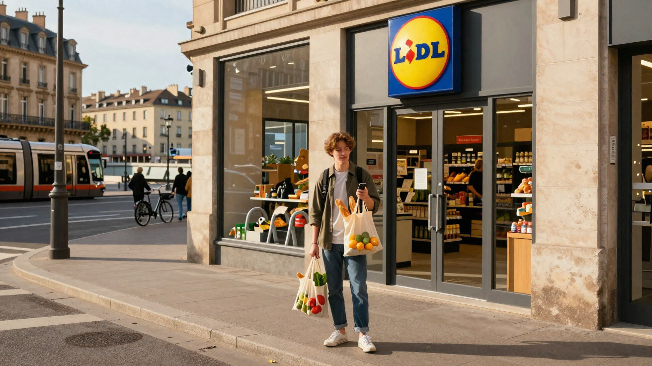 Jovem sai com sacos de compras de supermercado Lidl numa rua urbana com eléctrico ao fundo.