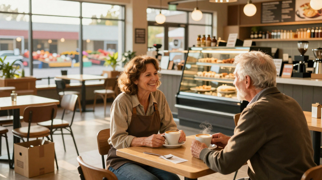 Mulher com avental e homem idoso conversam e bebem café sentados numa mesa de café acolhedor.