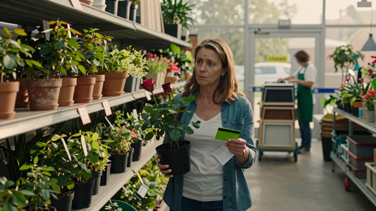 Mulher segurando uma planta de rosa vermelha num viveiro, a olhar com dúvida enquanto segura cartão e lista.