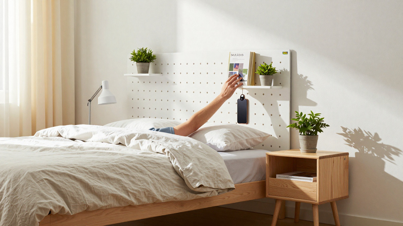 Braço estendido de uma pessoa na cama a alcançar um smartphone pendurado numa cabeceira branca.
