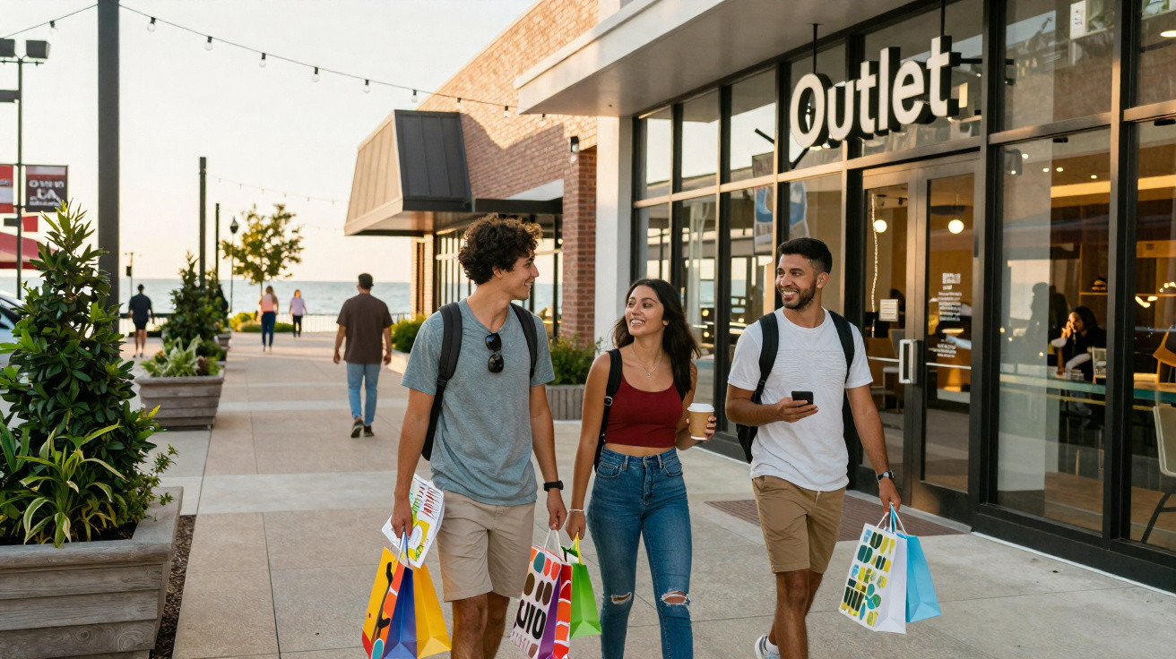 Três jovens a andar com sacos de compras junto a uma loja outlet num dia ensolarado.