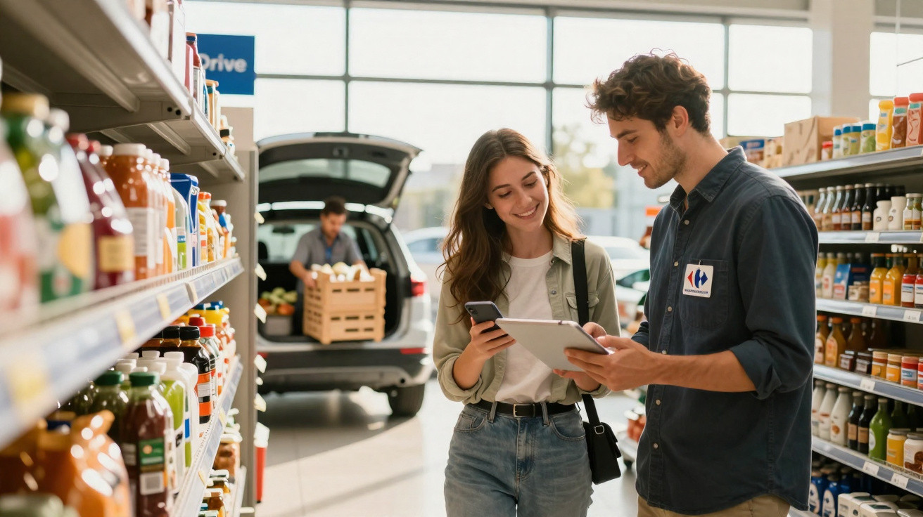 Funcionário de supermercado a ajudar cliente jovem com tablet nas prateleiras de bebidas.