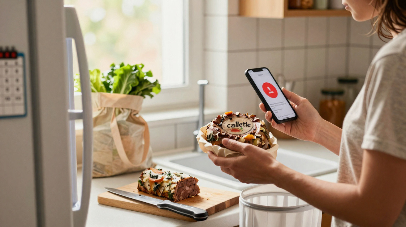 Pessoa a segurar um bolo e um telemóvel com um aviso de notificação vermelha na cozinha.