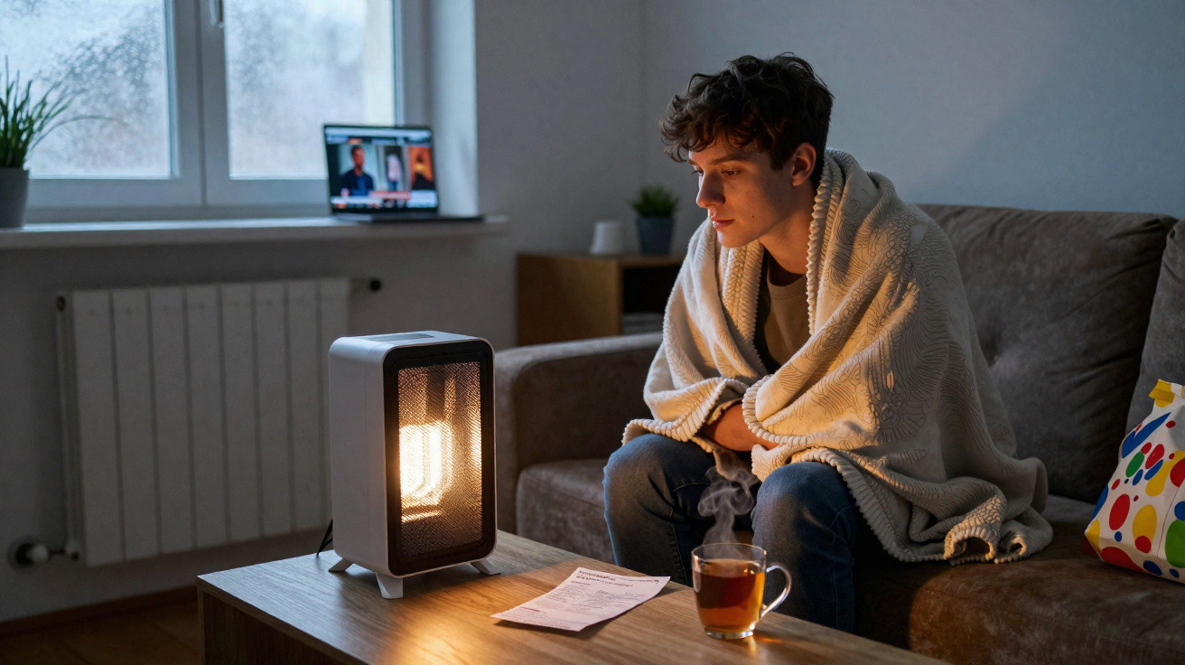 Jovem sentado no sofá com manta, aquecedor e chá numa sala com luz natural ao final da tarde.