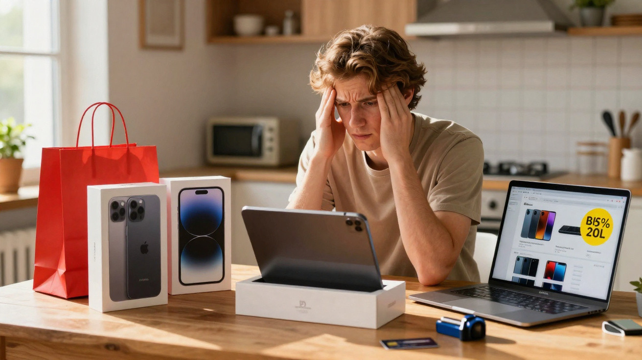 Homem preocupado a olhar para tablet, com caixas de telemóveis e portátil com descontos em mesa.