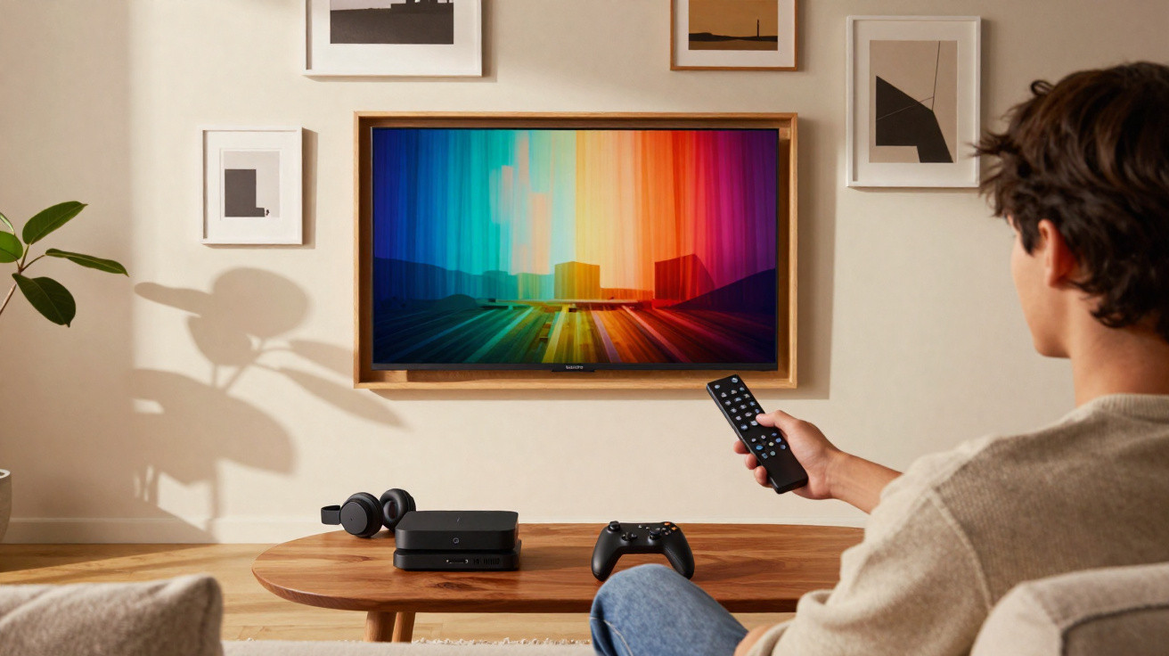 Pessoa sentada no sofá a usar comando à distância para controlar uma televisão com imagem colorida.
