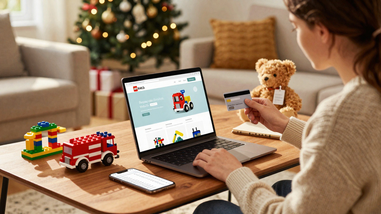 Mulher a fazer compra online com cartão de crédito, laptop e brinquedos de criança numa sala decorada para Natal.
