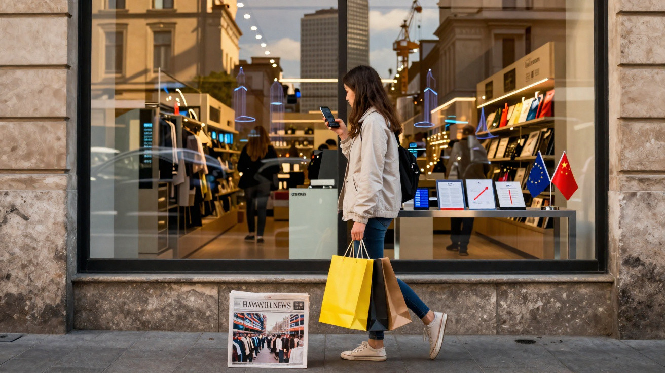 Mulher com sacos de compras caminha em frente a loja de gadgets com montras iluminadas na cidade.