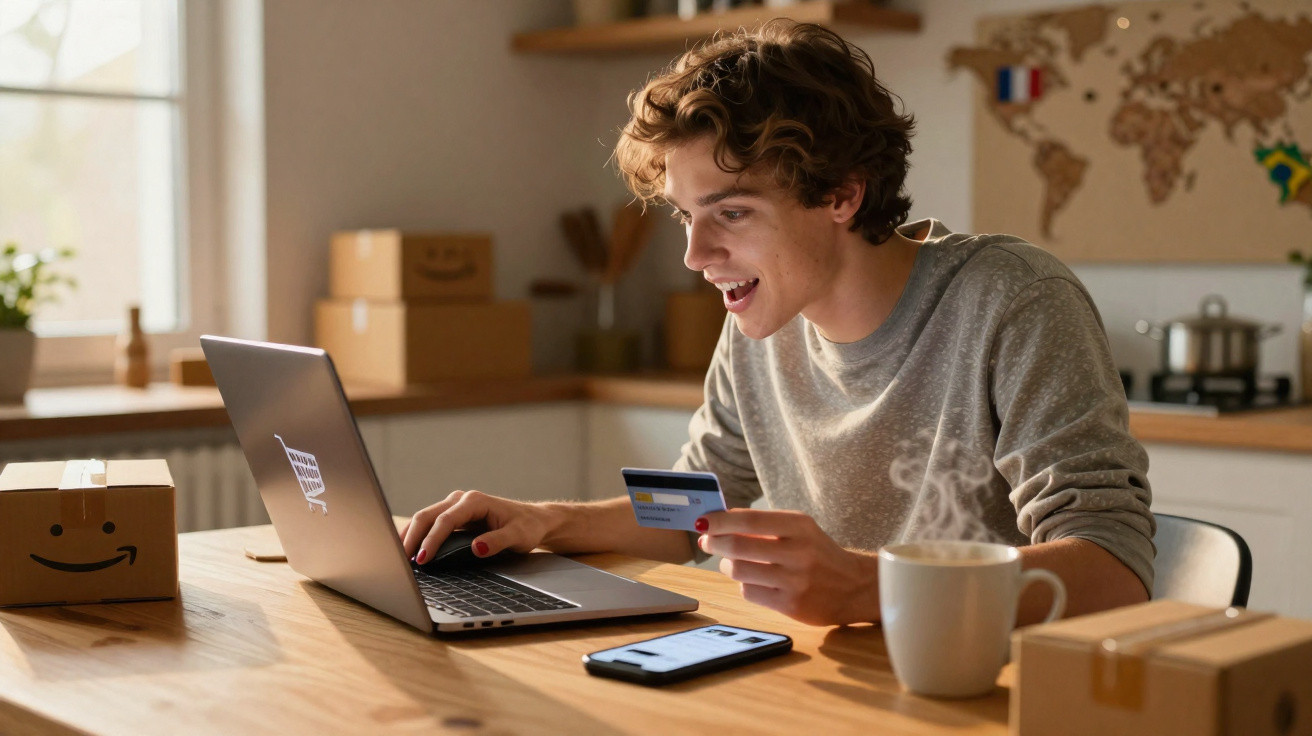 Jovem com cartão de crédito a fazer compras online num laptop, com caixas Amazon e chá quente na mesa.