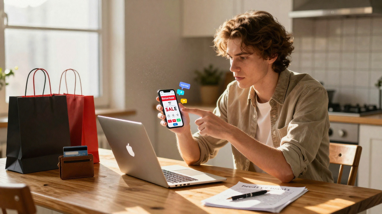 Jovem sentado numa mesa com laptop, apontando para promoções de compras no telemóvel em casa.