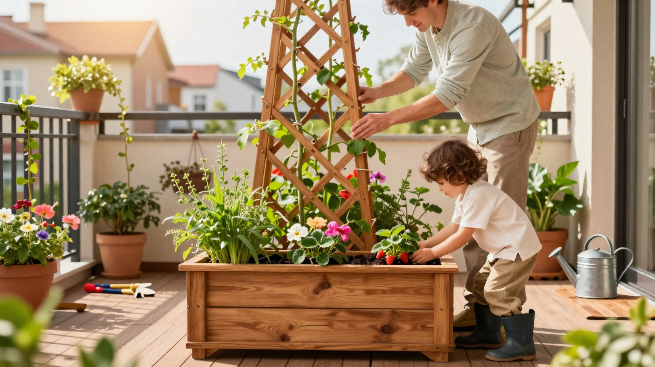 Pai e filho a cuidar de plantas numa varanda ensolarada com várias flores coloridas.