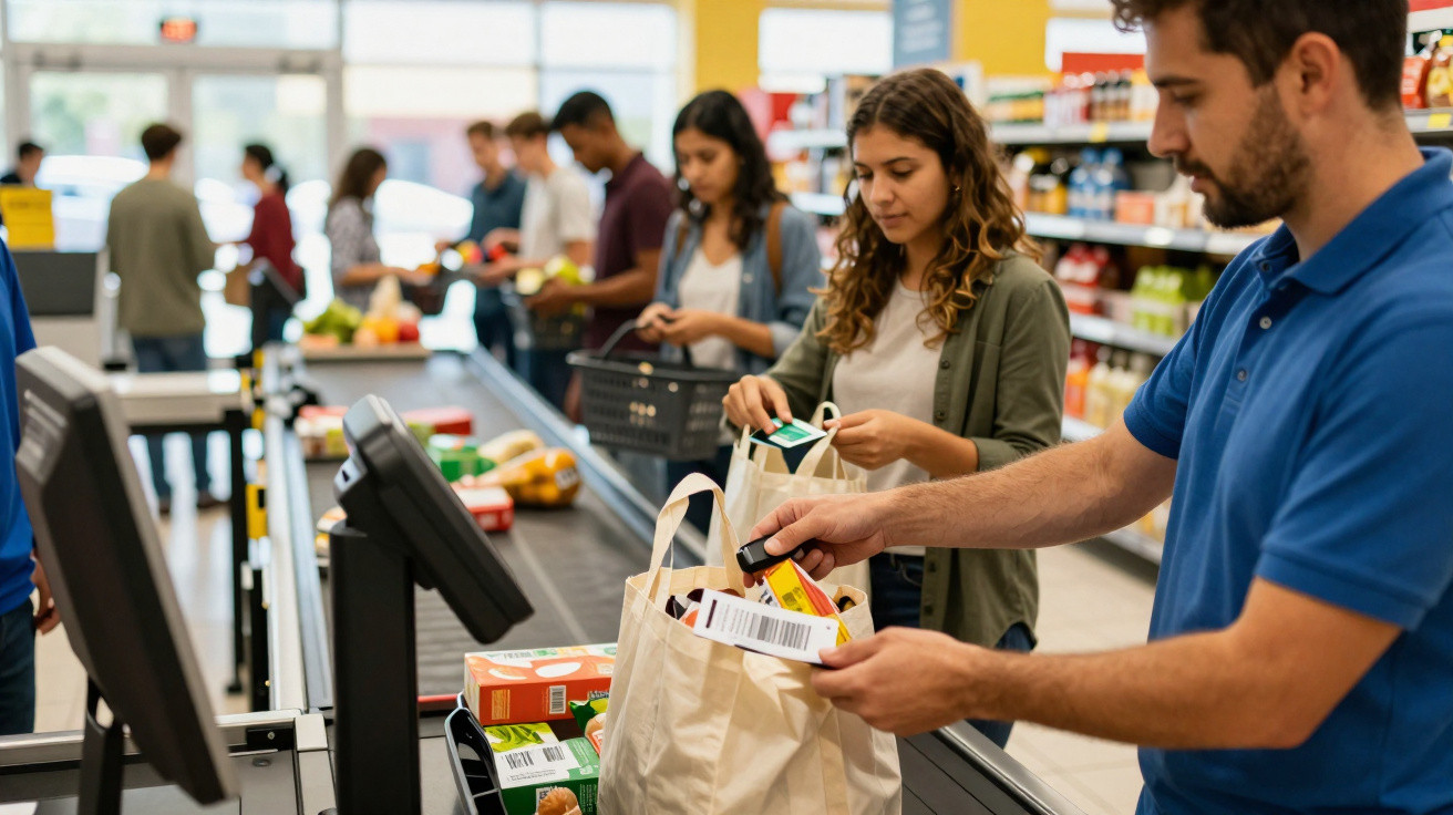 Pessoas a passar produtos no caixa de supermercado, com sacos reutilizáveis e leitor de código de barras.