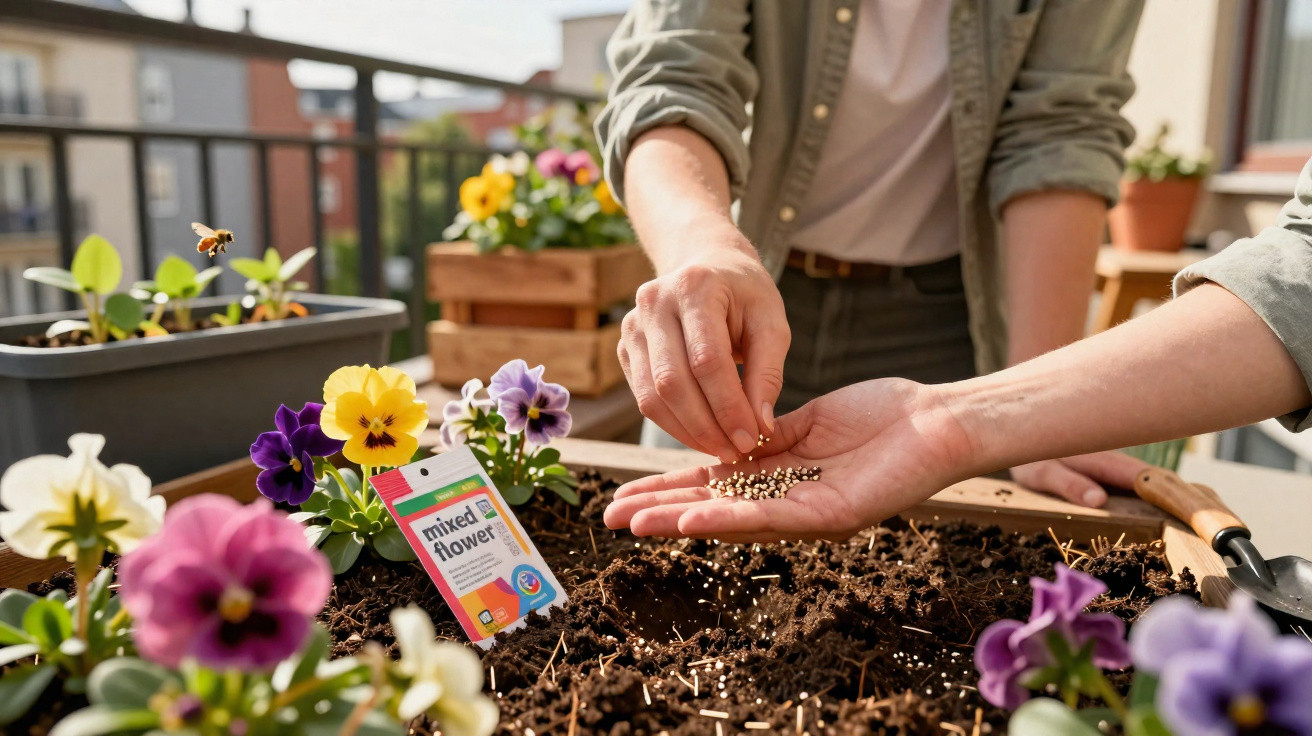 Duas pessoas a semear pérolas brancas na terra de um vaso com flores coloridas num terraço.