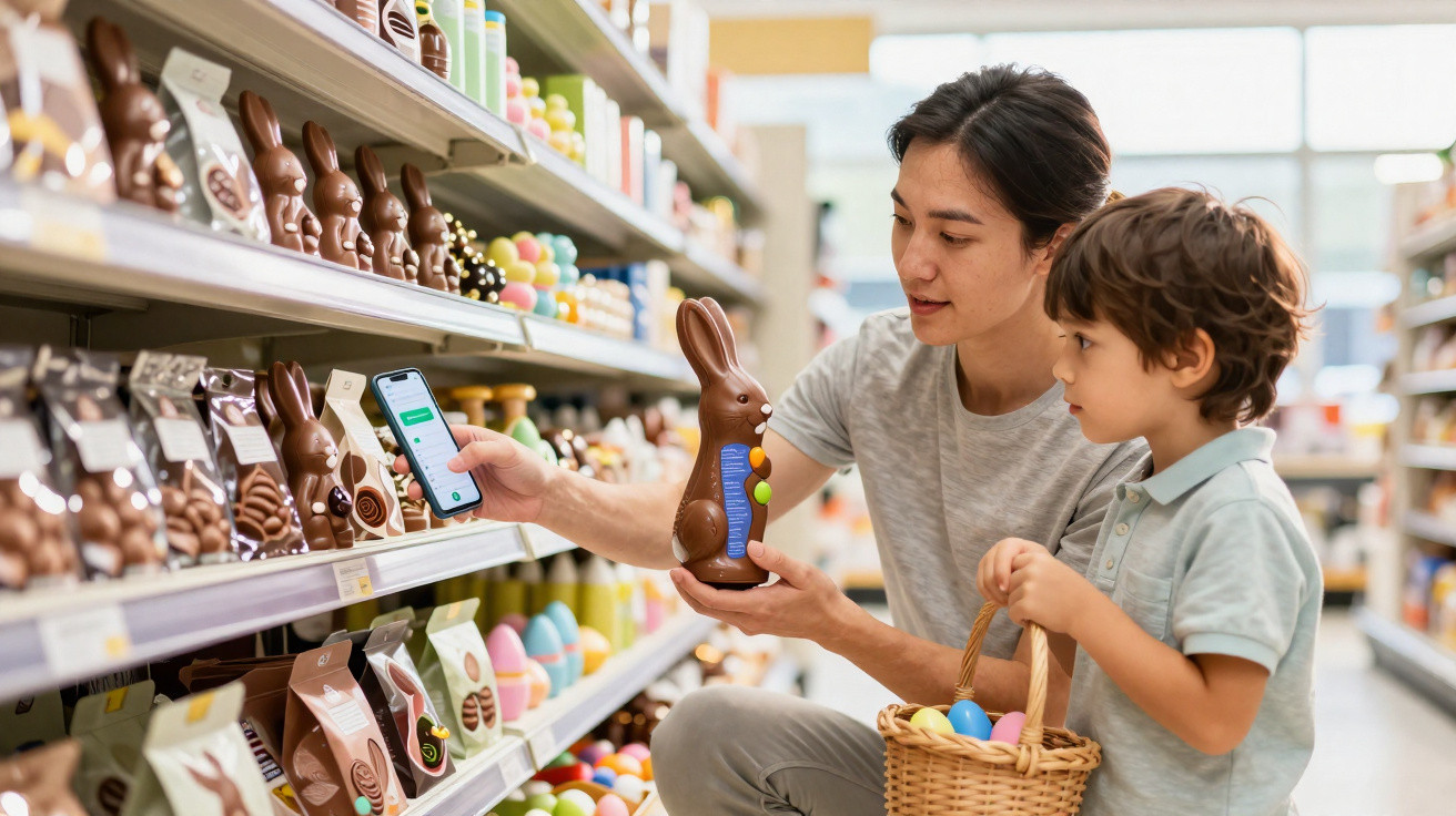 Mulher e criança em supermercado a escolher coelho de chocolate para Páscoa, com cesta de ovos coloridos.