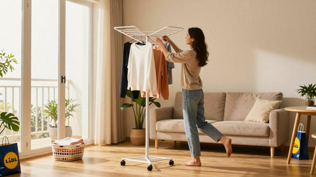 Mulher a pendurar roupa num estendal interior numa sala clara com sofá e plantas.