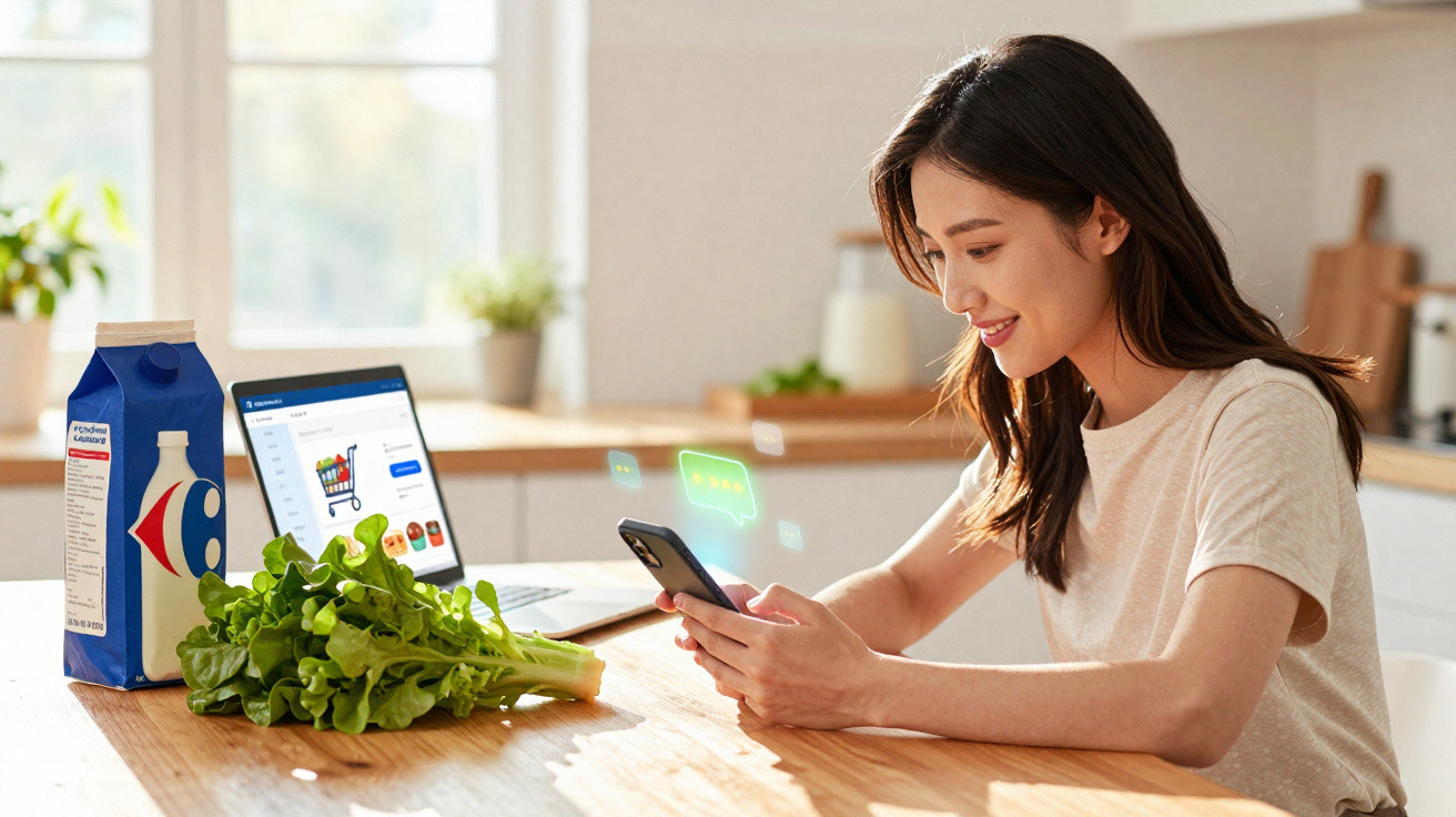 Mulher sentada na cozinha, a olhar para o telemóvel, com laptop e legumes na mesa.
