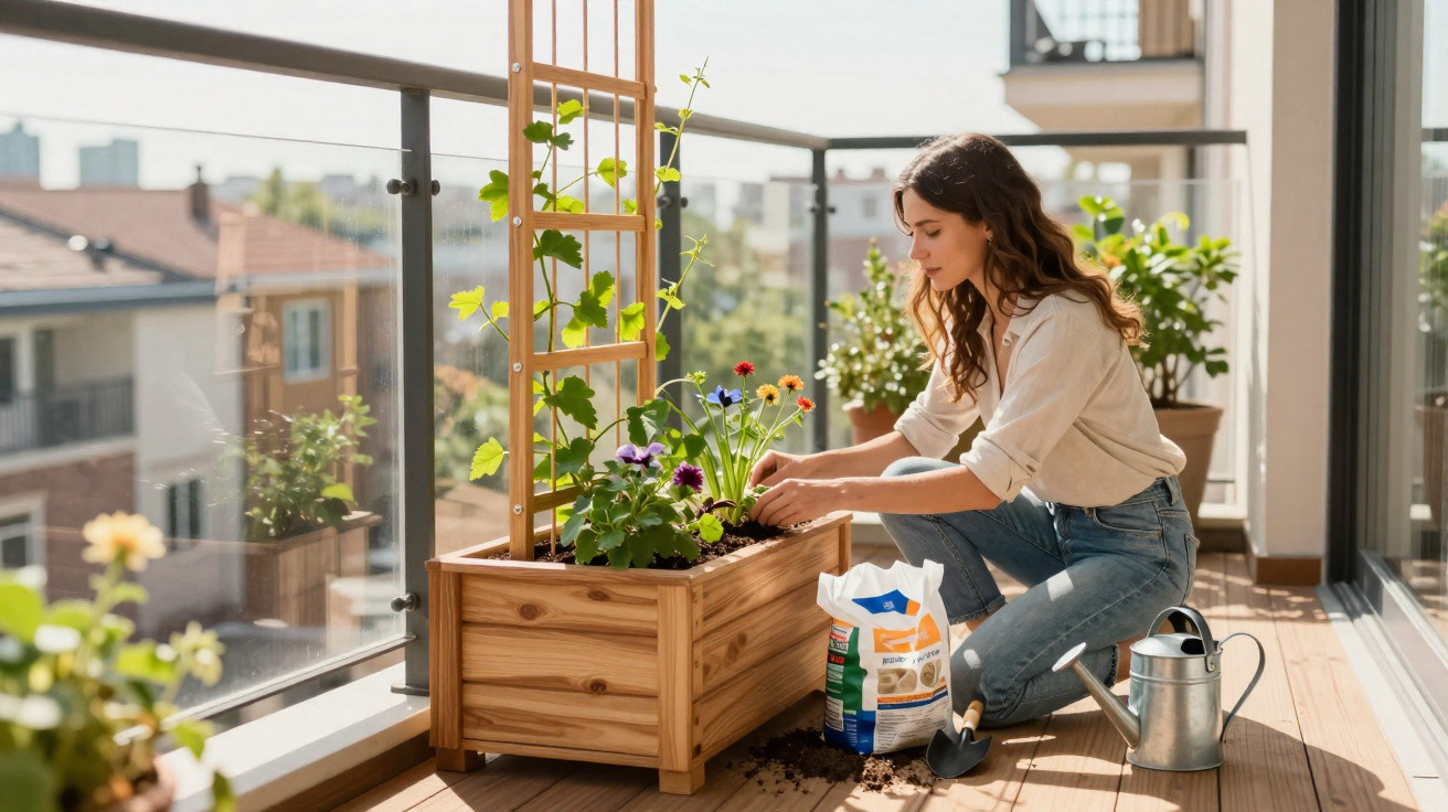Mulher a cuidar de plantas numa varanda iluminada com vasos e ferramentas de jardinagem.
