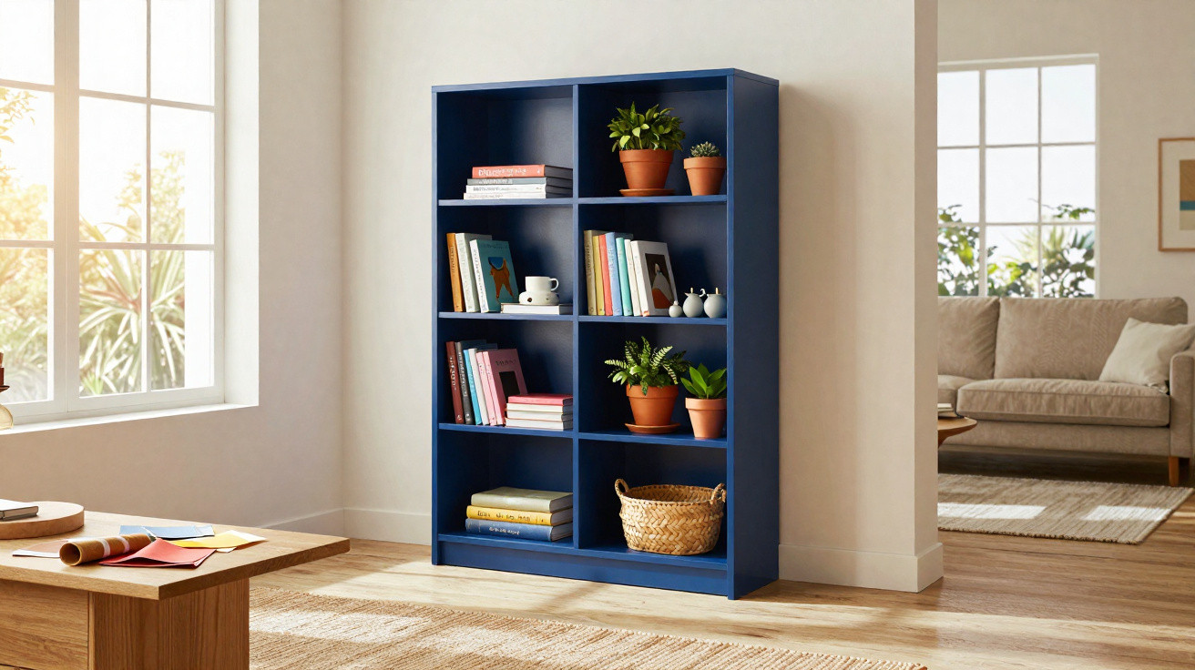 Estante azul com livros, plantas em vasos e cesta de palha numa sala iluminada por janela grande.